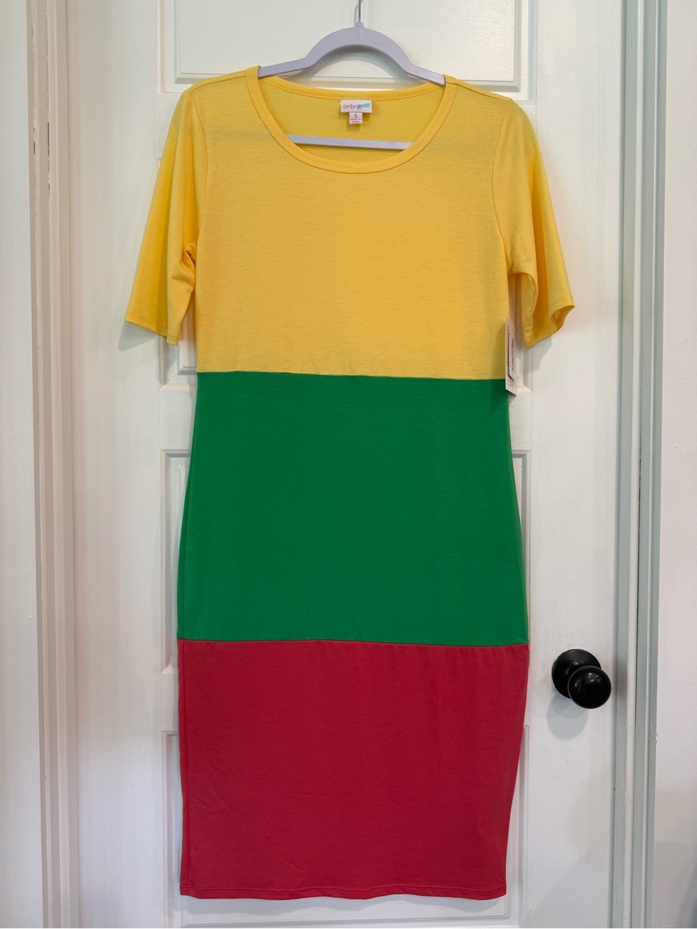 LuLaRoe Julia Dress Size S NWT Colorblock Yellow Green Red Midi Bodycon